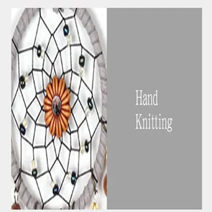 Detailed view of a vintage hand-knitted dreamcatcher with pumpkin gear center