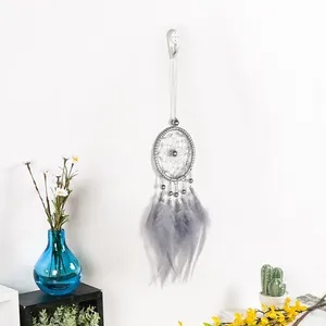 Handmade grey feather dream catcher wall hanging ornament for home and bedroom decor