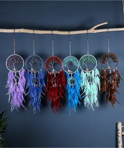 Detail view of tree of life dreamcatchers with colorful feathers and natural stones.