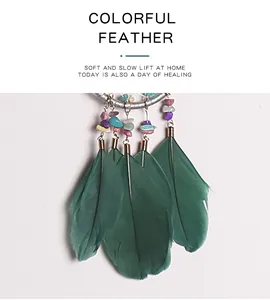Detailed view of soft teal feathers and vibrant colorful stones on a handmade dream catcher