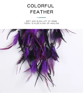 Detailed view of the soft purple and black feathers on a handcrafted dreamcatcher