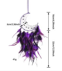 Detailed view of a handmade crescent moon dreamcatcher with purple feathers and dimensions.
