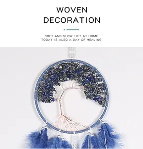Detailed view of handmade life tree dreamcatcher with blue stones and feathers