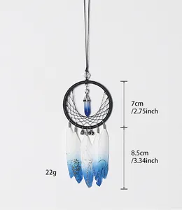 Detail view of blue and white feather dreamcatcher showing dimensions and weight