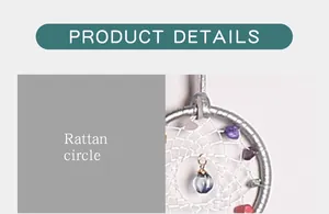 Close-up detail of a handmade dream catcher with colorful stones and rattan circle.