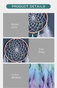 Detalles del atrapasueños hecho a mano con círculo de ratán y plumas de colores