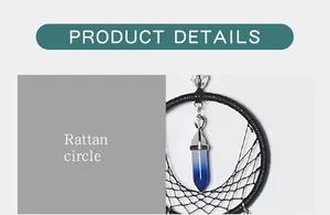 Detail showing a handmade woven dreamcatcher with a blue gradient crystal pendant