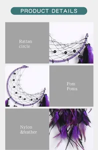 Detailed close-up showing the rattan circle and purple feathers of the moon dream catcher