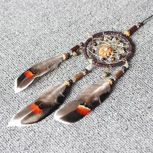 Handmade vintage Indian style dreamcatcher car charm with feathers and wooden beads