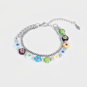 Dopamin Mehrfarbig Glas Blume Doppelschichtig Armband Edelstahl Millefiori Perlenkette Armband Schmuck Für Damen