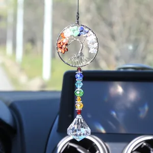 Handmade tree of life dreamcatcher car hanging ornament with stones and crystal