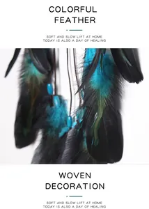 Détail macro de plumes noires et bleu sarcelle sur un attrape-rêves bohème