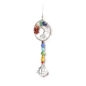 Handmade Tree of Life dreamcatcher ornament with natural crushed stones and crystal prism