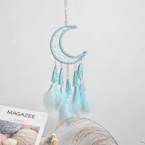 Acchiappasogni a forma di luna blu macaron decorazione da parete con piume soffici casa