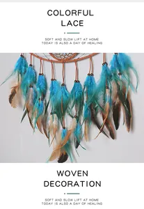 Detail view of blue and brown feathers on a woven Evil Eye dreamcatcher