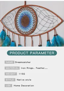Detail view of Evil Eye dreamcatcher showing texture and product specifications list