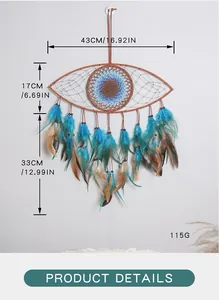 Handmade blue Evil Eye dreamcatcher wall hanging with dimensions 43x50cm and feathers