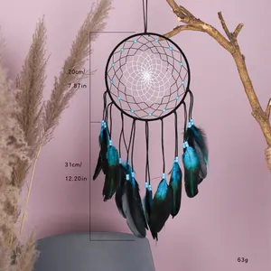 Attrape-rêves noir fait main avec plumes bleues pour décoration murale de style bohème