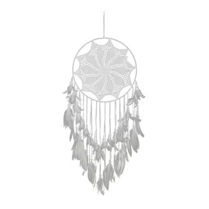 Atrapasueños de pared de encaje blanco grande con elegantes plumas y cuentas decorativas