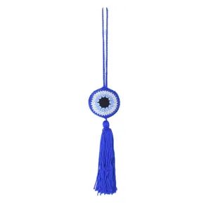 Handmade crochet blue evil eye hanging charm with tassel for car or wall decoration
