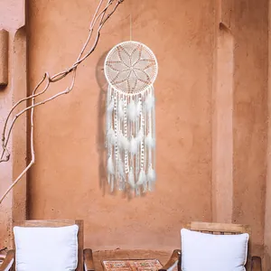 Large white handmade crochet dreamcatcher wall hanging with feathers for boho home decor