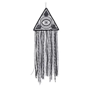 Handmade black Halloween dreamcatcher with triangle evil eye lace and long fringes