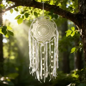 Bohemian white handmade dreamcatcher wall hanging with lace and ribbons