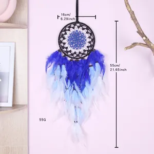 Attrape-rêves fait main bleu et noir avec plumes pour décoration murale de style bohème