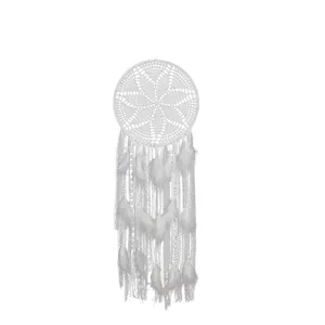 Elegant white handmade dreamcatcher with crochet web and soft feathers for wall hanging decor