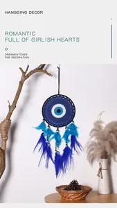 Detail view of a blue evil eye dreamcatcher with vibrant feathers for home decor.