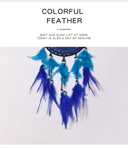 Detailed macro view of vibrant blue and teal feathers on a handcrafted dreamcatcher