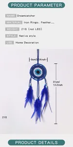 Détails du capteur de rêves bleu Evil Eye, longueur 31 cm avec plumes naturelles.