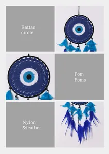 Detailed collage showing blue Evil Eye dream catcher parts like rattan circle and blue feathers