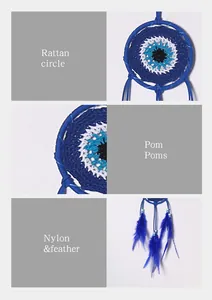 Vue détaillée de l'attrape-rêves œil maléfique avec cercle en rotin et plumes