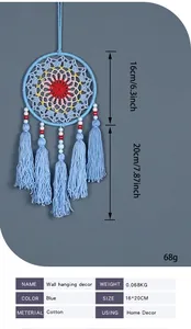 Handmade blue cotton dreamcatcher wall hanging with dimensions and product specifications