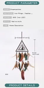 Detailed size and parameter guide for triangular Native style dreamcatcher with feathers