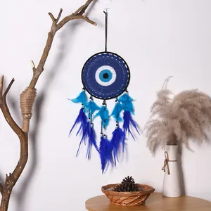 Handmade Evil Eye Dream Catcher Woven Wall Hanging Decor Blue Feathers Bohemian Indian Style Home Bedroom Ornament Gift