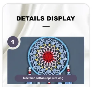 Detailed view of handmade macrame cotton rope weaving on a decorative blue dreamcatcher
