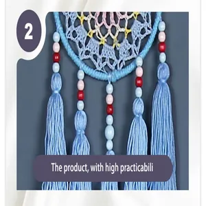 Detailed view of blue hand-woven dreamcatcher featuring colorful beads and long tassels.
