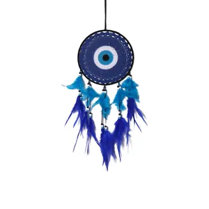 Evil eye dream catcher wall hanging decor with blue feathers for home