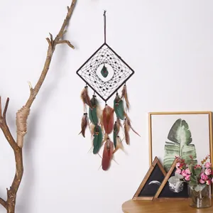 Handmade square Indian style dreamcatcher with natural feathers for wall decoration
