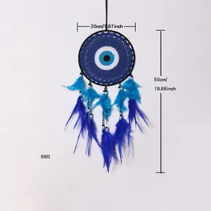 Handmade blue Evil Eye dreamcatcher wall hanging with feathers and 20cm ring diameter