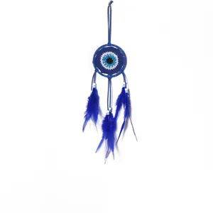 Attrape-rêves bleu fait main Evil Eye avec des plumes naturelles pour décoration