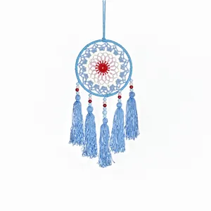 Handmade Nordic blue dreamcatcher wall hanging with elegant tassels and beads decor