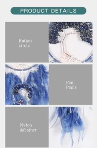 Detail view of handmade Tree of Life dreamcatcher with blue feathers and natural stones