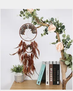 Handmade Tree of Life dreamcatcher with brown feathers and stone beads detail