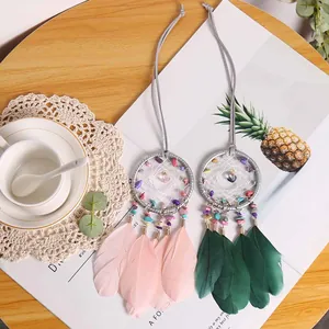 Exquisite handmade stone dreamcatcher pendant set with soft pink and green feathers