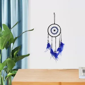 Χειροποίητη ονειροπαγίδα Evil Eye με μπλε φτερά για διακόσμηση τοίχου στο σπίτι σας
