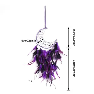 Handmade crescent moon dream catcher with mystical purple and black feathers for decor