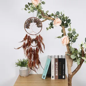Handmade Tree of Life dreamcatcher with natural stones and soft brown feathers for wall decor